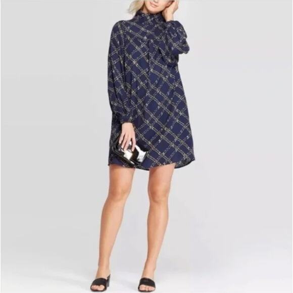WHO WHAT WHERE Blue/Gold Chain Print Long Sleeve High Collar Dress Size XS - Picture 1 of 10